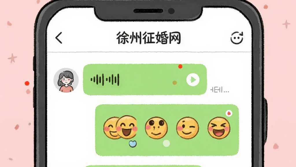 画面主体为手机聊天界面,显示“徐州征婚网”对话窗口,有语音条和表情包,背景为淡粉色,布局为居中特写,风格为清新手绘风,细节包括未读消息红点和已读状态,画质干净,无多余元素