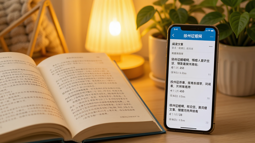 图片主体为一本打开的书和手机屏幕,屏幕显示“徐州征婚网”情感文章列表,背景有暖黄色灯光和绿植,布局为左侧书本右侧手机,风格为温馨生活摄影,细节包括文章标题和阅读量,画质柔和干净,无多余元素