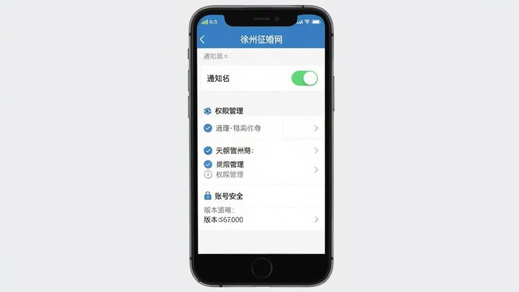 画面主体为手机屏幕显示“徐州征婚网”设置界面,有通知开关和账号安全选项,背景为浅灰色,布局为屏幕居中,风格为UI界面截图风格,细节包括权限管理列表和版本号,画质清晰干净,无多余元素