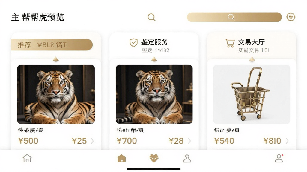 帮帮虎APP主界面预览图,展示首页推荐、鉴定服务、交易大厅三大核心板块,界面采用简约轻奢风格,以白色和金色为主色调,卡片式布局清晰展示商品图片和价格,配有搜索栏和底部导航栏,整体画面干净明亮,无多余元素