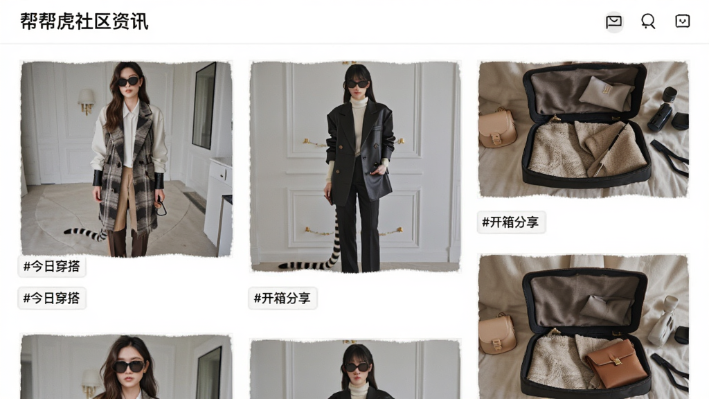 帮帮虎社区资讯页面,瀑布流展示时尚博主穿搭和奢侈品开箱内容,图片风格时尚,搭配文字标签如“#今日穿搭”“#开箱分享”,背景为白色,界面简洁,突出内容多样性,画质清晰,无多余元素