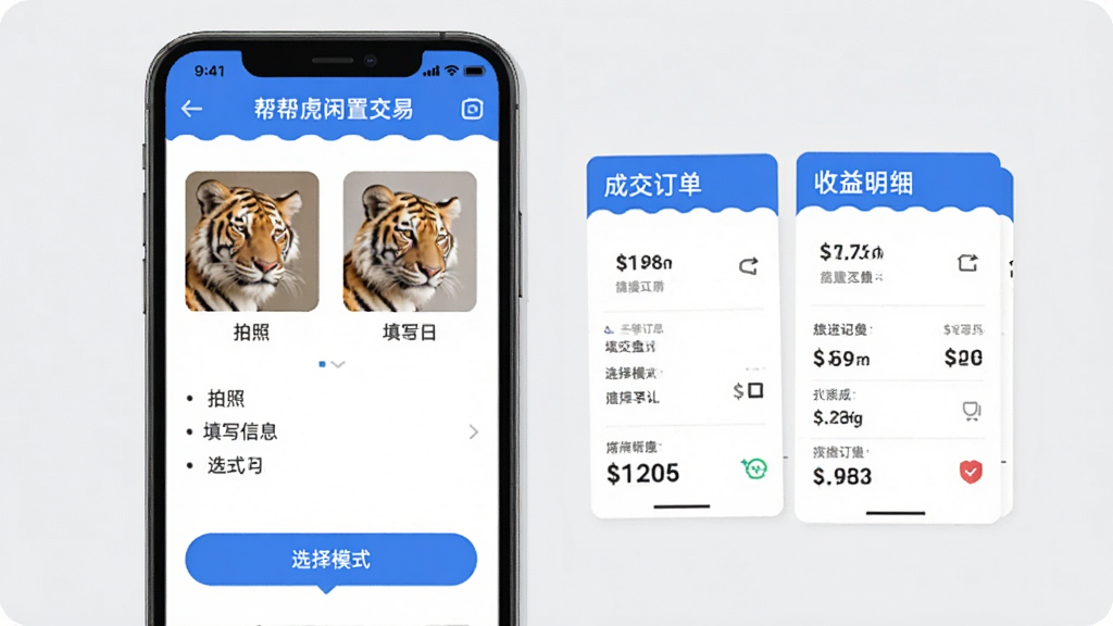 帮帮虎闲置交易功能界面,手机屏幕上展示商品上架流程,包括拍照、填写信息、选择模式等步骤,旁边有成交订单和收益明细的示意图,背景为干净的浅灰色,突出交易的高效和便捷,画质清晰,无多余元素