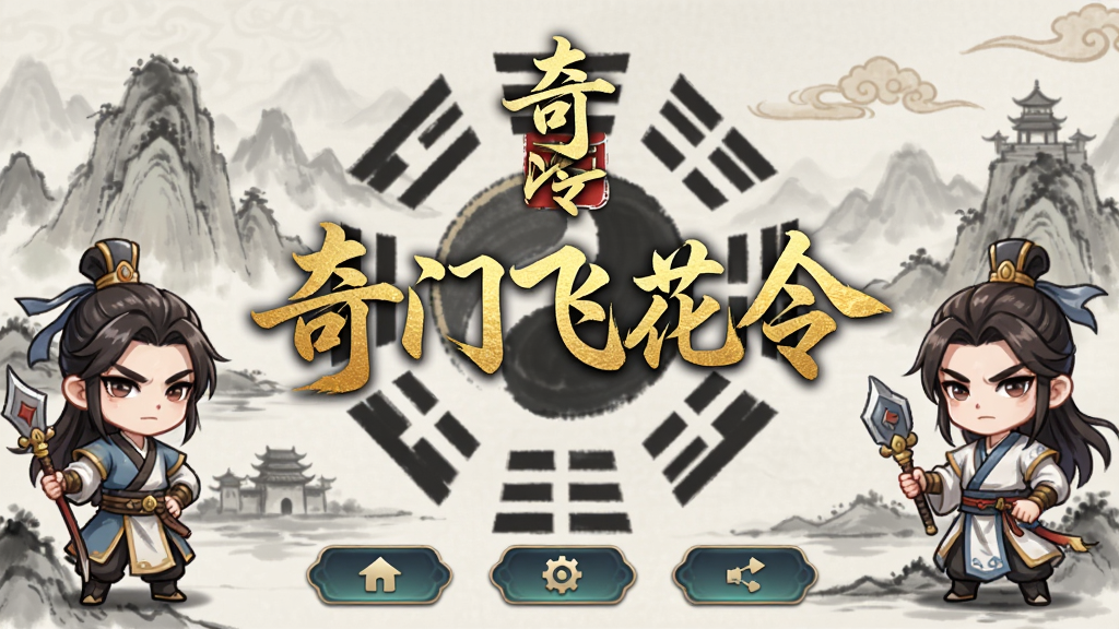 主体:游戏主界面展示,中央是“奇门飞花令”五个烫金大字,背景为水墨山水与八卦阵图,两侧站立Q版古代侠客角色。布局:主界面居中,角色对称分布,底部有功能按钮。排版:文字竖排于顶部,按钮水平排列。风格:国风水墨,色彩淡雅,细节丰富。画质:高清,干净,无多余元素。