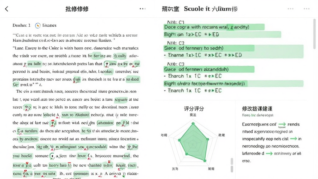 英语六级写作批改界面,手机屏幕展示作文批改结果,左侧为作文原文,右侧为批改标注,下方有评分雷达图和修改建议,界面采用白色背景配绿色高亮,画质清晰,无多余元素