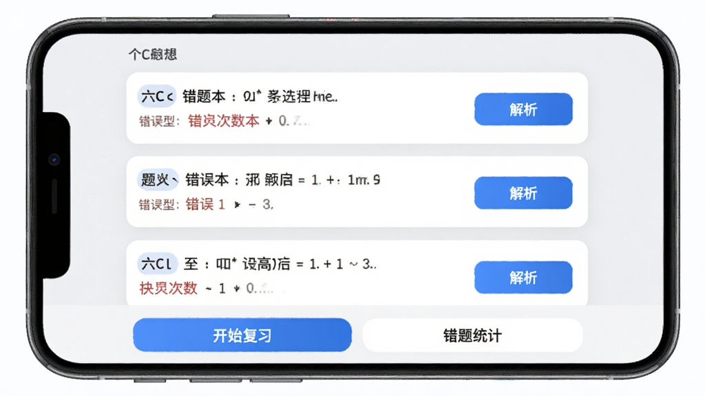 英语六级智能错题本界面,手机屏幕展示错题列表,每道题标注题型、错误次数和解析按钮,底部有“开始复习”和“错题统计”按钮,采用卡片式布局,浅灰色背景配蓝色点缀,画质干净,无多余元素