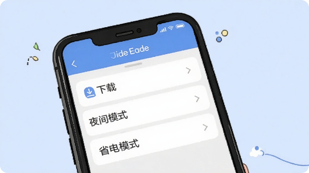 英语六级使用指南插图,手机屏幕展示应用设置界面,包含“离线下载”“夜间模式”“省电模式”等选项,背景为淡蓝色,插画风格,干净无多余元素