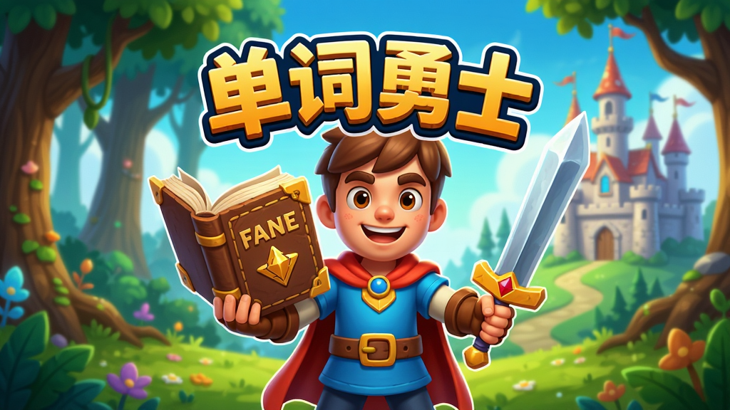 画面中央展示“单词勇士”游戏LOGO,背景为奇幻森林与城堡,勇者角色手持单词书本与宝剑,整体UI风格明亮卡通,布局饱满,排版居中,风格为3D渲染卡通,细节丰富,画质高清干净,无多余元素