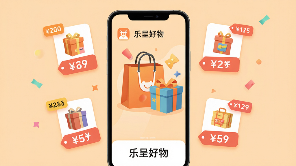 主体:乐呈好物APP界面,展示商品分类与优惠券领取页面,中央有购物袋与礼盒元素,背景浅橙色,干净明亮。布局:手机模型居中,周围悬浮商品图片与价格标签,底部有“乐呈好物”字样。排版:图标与文字清晰,留白适中。风格:现代扁平化,色彩鲜艳,活泼。细节:商品图片清晰,价格标签醒目,按钮圆润。画质:高清,干净,无多余元素。