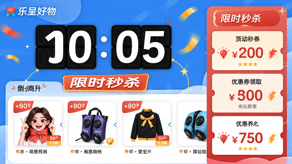 主体:乐呈好物APP活动页面,展示倒计时、折扣商品、优惠券领取界面,有“限时秒杀”字样。布局:上方倒计时,下方商品横向滑动,右侧优惠券列表。排版:色彩鲜明,重点突出。风格:活泼,促销氛围。细节:倒计时数字清晰,商品图带折扣标签,券面金额醒目。画质:高清,干净,无多余元素。