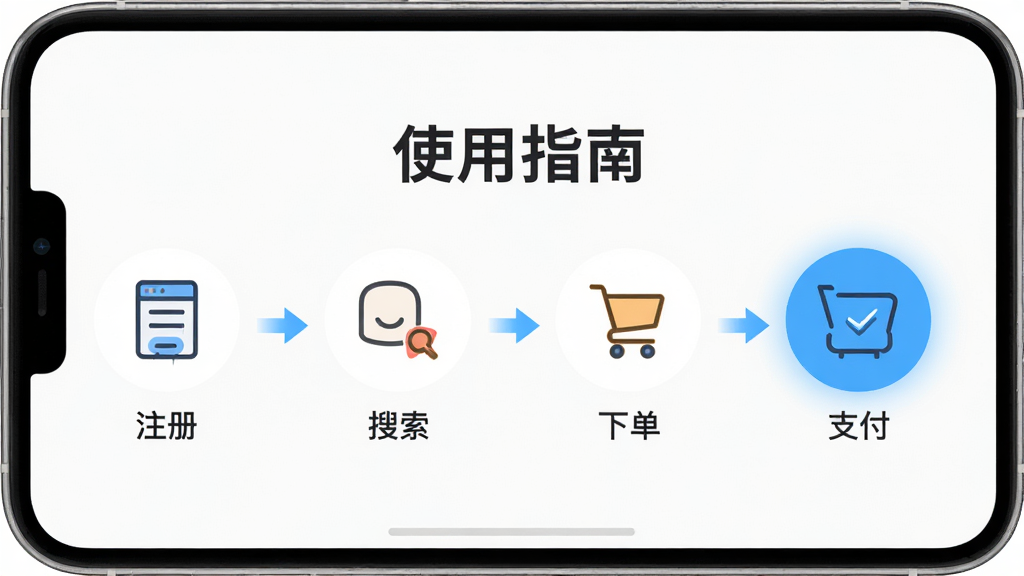 主体:乐呈好物APP使用指南页面,展示注册、搜索、下单、支付等步骤图标,有“使用指南”文字。布局:步骤流程图式排列,每个步骤有图标和文字说明。排版:清晰有序,图标简洁。风格:教学风格,浅色背景。细节:箭头连接步骤,重点步骤高亮。画质:高清,干净,无多余元素。