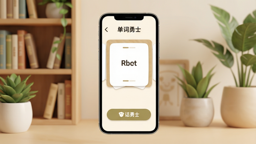 手机屏幕显示“单词勇士”学习界面,屏幕中有单词卡片和按钮,周围有书架和绿植装饰,风格温馨,布局整洁,细节清晰,画质柔和,干净无多余元素