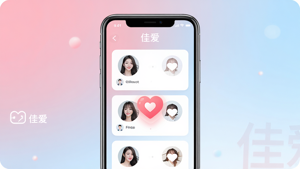 ��������չʾһ����Ϊ���Ѱ������ֻ�����Ӧ�ý��棬��Ļ����ʾ�Ŷ����û�ͷ��Ƭ��ƥ��ɹ������ζ���������Ϊ��͵Ľ����ɫ��ǳ��ɫ�������������ִ���������ɾ������С��Ѱ�������logo�����ʸ��壬�޶���Ԫ��