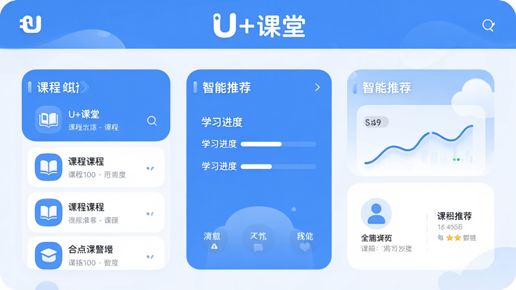 图片展示U+课堂主界面,包含课程列表、学习进度、智能推荐模块,整体风格清新简约,以蓝白为主色调,顶部有“U+课堂”品牌标识,界面布局清晰,图标圆润,画质干净,无多余元素