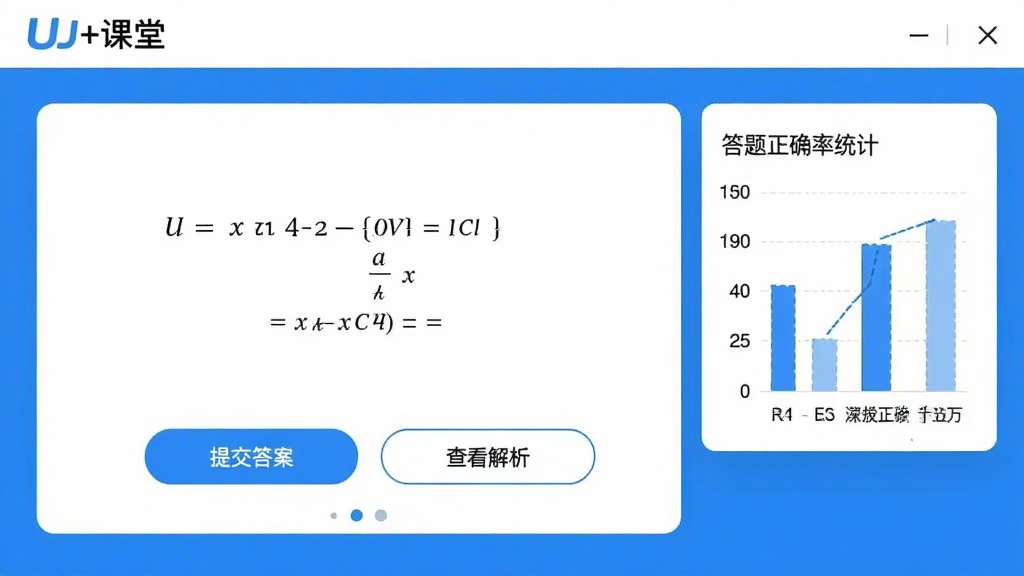 展示U+课堂智能练习界面,页面中央为一道数学题,下方有“提交答案”按钮和“查看解析”按钮,右侧显示答题正确率统计图,整体色调为蓝白搭配,画质干净,界面简洁明了,包含“U+课堂”标识
