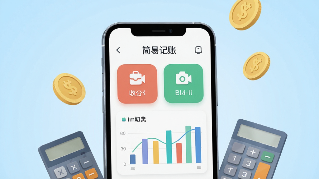 画面中央展示一部智能手机,屏幕显示“简易记账”app主界面,界面中有清晰的收支分类图标和彩色统计图表,手机周围漂浮着金币和计算器元素,背景为浅蓝色渐变,整体风格简洁明亮,现代扁平化设计,高清渲染,画质干净,无多余元素