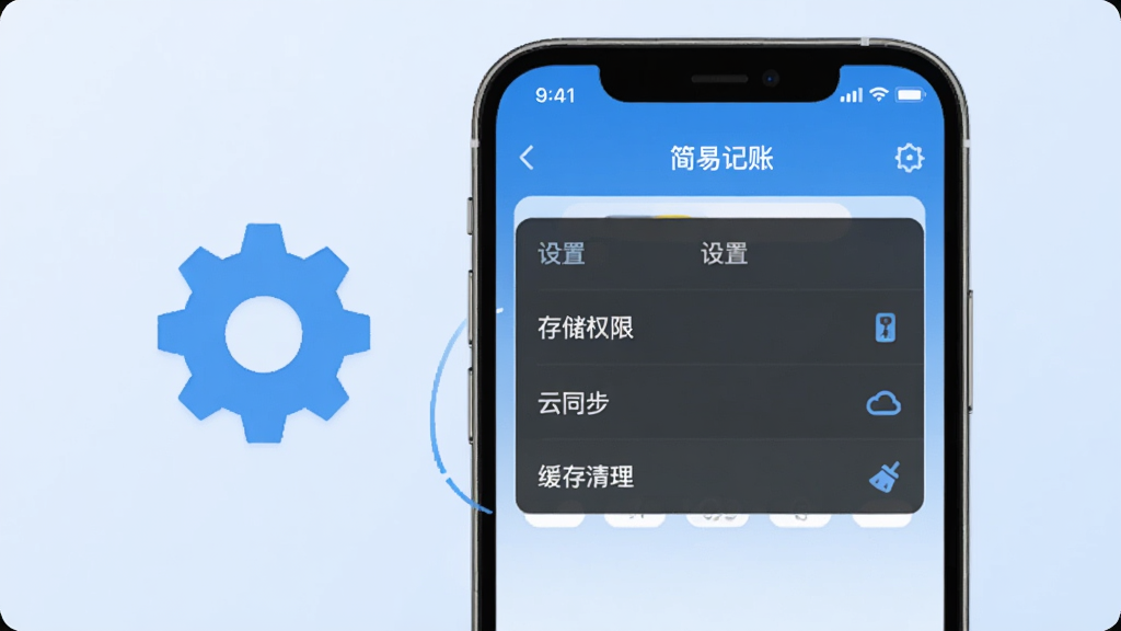 展示手机“简易记账”app运行界面,屏幕上有“设置”菜单,包含“存储权限”、“云同步”、“缓存清理”等选项,背景为浅蓝色,手机旁有齿轮图标,整体风格科技感,高清画质,干净无多余元素