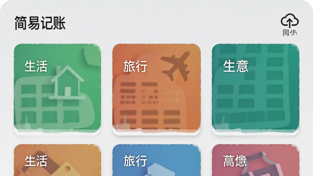 展示“简易记账”app的账本管理页面,屏幕上显示多个账本卡片,分别标注“生活”、“旅行”、“生意”等名称,每个卡片有不同颜色的封面,页面右上角有云同步图标,背景为浅灰色,整体风格简洁商务,高清画质,无多余元素