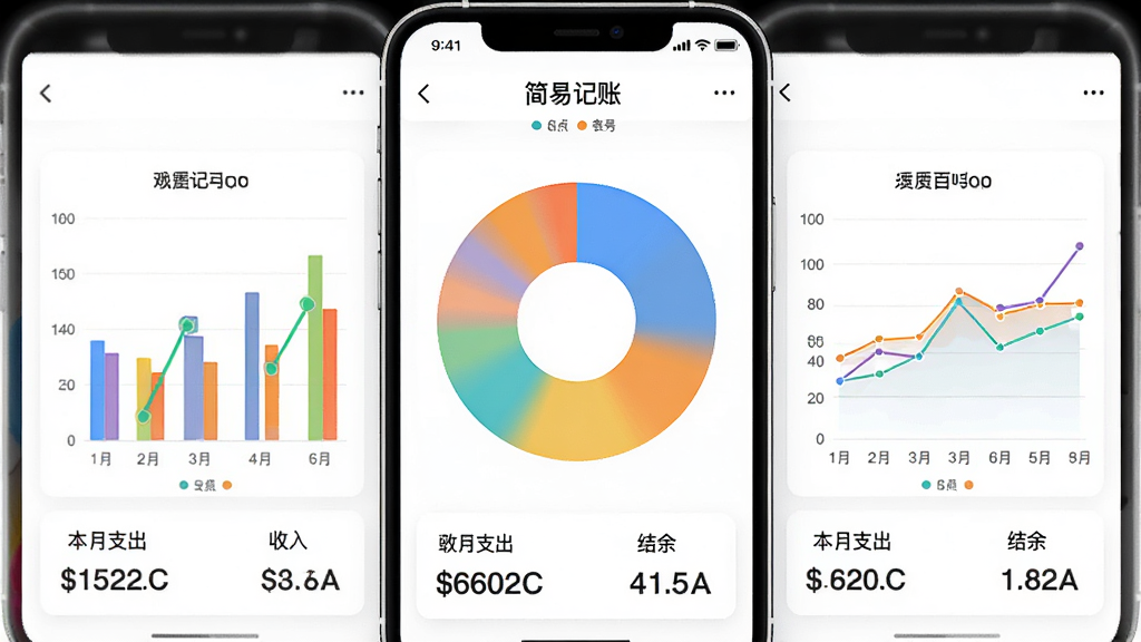 展示“简易记账”app的统计报表页面,屏幕中央有一个大型饼图,旁边有柱状图和折线图,图表色彩鲜艳,下方有本月支出、收入、结余等数字,背景为白色,整体风格专业清晰,高清渲染,画质干净
