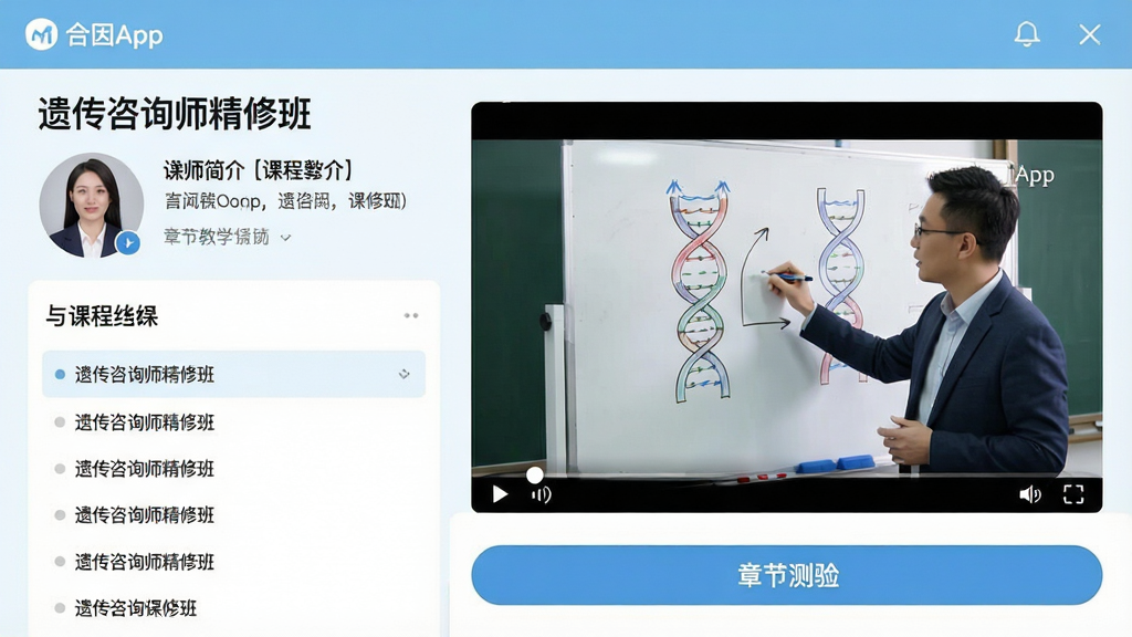 一幅展示合因App内“遗传咨询师精修班”课程详情页的截图,左侧是讲师简介与课程大纲列表,右侧为正在播放的高清教学视频画面,视频中讲师正在白板上绘制基因结构图,界面下方配有“章节测验”按钮。整体设计专业、学术气息浓厚,配色以浅蓝与白色为主,排版规整,画质清晰,干净无多余元素。