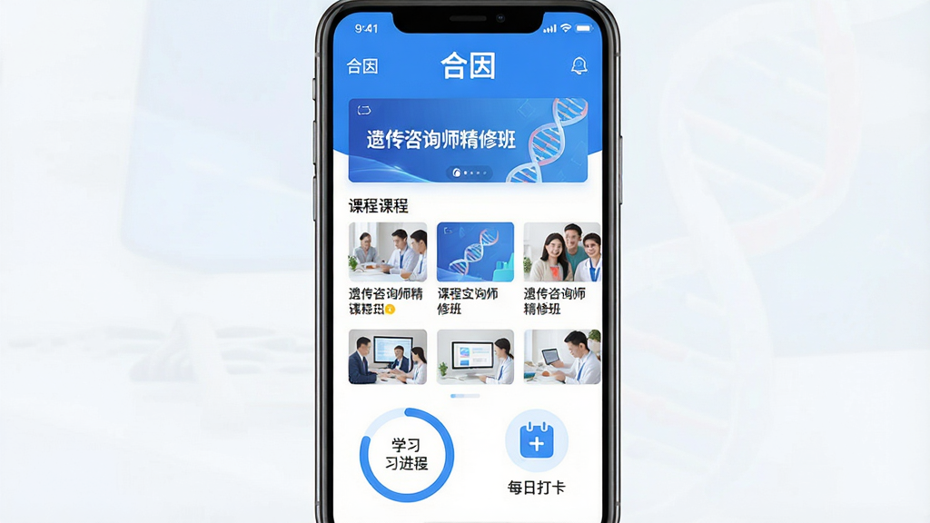 一张展示合因App在智能手机上运行的主界面预览图,界面采用蓝白科技色调,顶部显示“合因”字样与“遗传咨询师精修班”课程横幅,中部为课程列表缩略图,下方配有学习进度环与每日打卡图标。整体布局清晰、现代,扁平化设计风格,画面干净明亮,高画质,无多余元素。