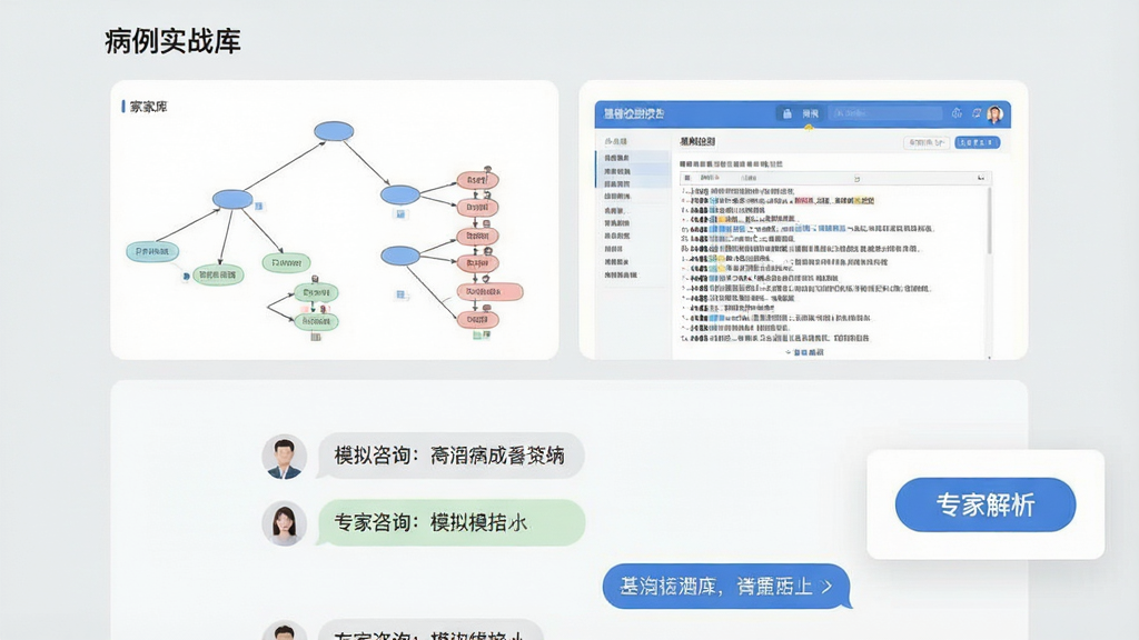 一张合因App内“病例实战库”功能的界面设计图,展示一个病例详情页,上半部分为家系遗传图谱与基因检测报告截图,下半部分为模拟咨询对话气泡,右侧有“专家解析”按钮浮窗。整体采用卡片式布局,背景为浅灰色,文字清晰,界面简洁,强调信息层级,画质高清,无多余装饰元素。