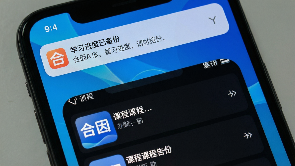 一张展示合因App在手机后台运行并弹出“学习进度已备份”通知的截图,背景为手机桌面,通知栏显示合因图标与提示文字,前景为App主界面暗色模式下的课程列表。整体画面真实自然,手机屏幕高亮,桌面壁纸为纯净渐变蓝色,排版简洁,画质清晰,无多余元素。