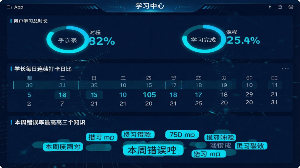 一幅合因App“学习中心”页面的数据看板截图,顶部显示用户学习总时长与课程完成百分比环形图,中部为每日连续打卡日历,下方为本周错误率最高的三个知识点标签云。整体风格科技感十足,深蓝色背景搭配亮青色数据图表,排版清晰,数字醒目,画质细腻,干净无多余UI干扰。