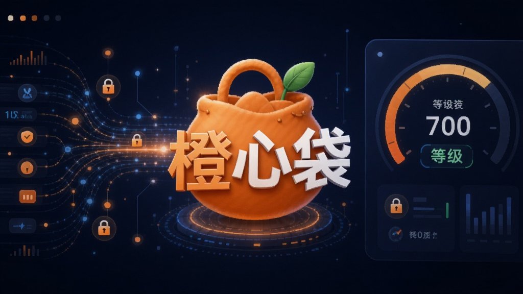 这幅图片的主体是一个科技感十足的虚拟信用评估界面,中央有一个3D立体的“橙心袋”字样。布局为左右对称,左侧是数据流动的线条和节点,右侧是评分仪表盘。排版上,仪表盘上有清晰的分数和等级标识。风格为现代科技感插画,使用橙色和深蓝的配色方案。细节包括数据光效和微小的加密锁图标,画质要求高清、干净,无多余元素。