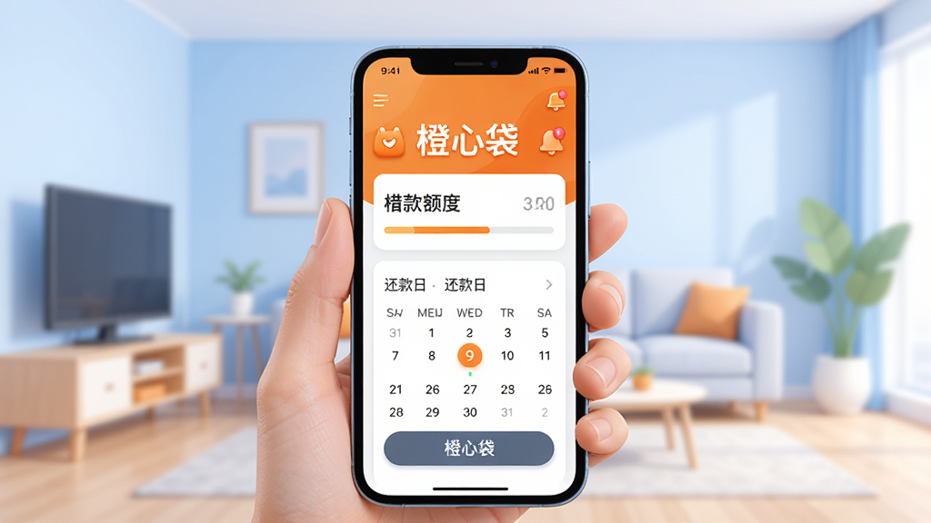 这幅图片的主体是一个简洁明亮的现代客厅场景,一部智能手机被握在手中,屏幕显示着“橙心袋”应用的主界面,界面设计清晰,显示借款额度和还款日历。布局采用中心构图,手机屏幕朝向观众,背景是柔和的浅蓝色渐变。排版上,界面元素有大字体的“橙心袋”标志和清晰的按钮。风格为扁平化插画风格,结合轻微的3D质感,细节包括界面上的进度条和通知图标。画质要求高清,色彩干净明亮,无多余元素。