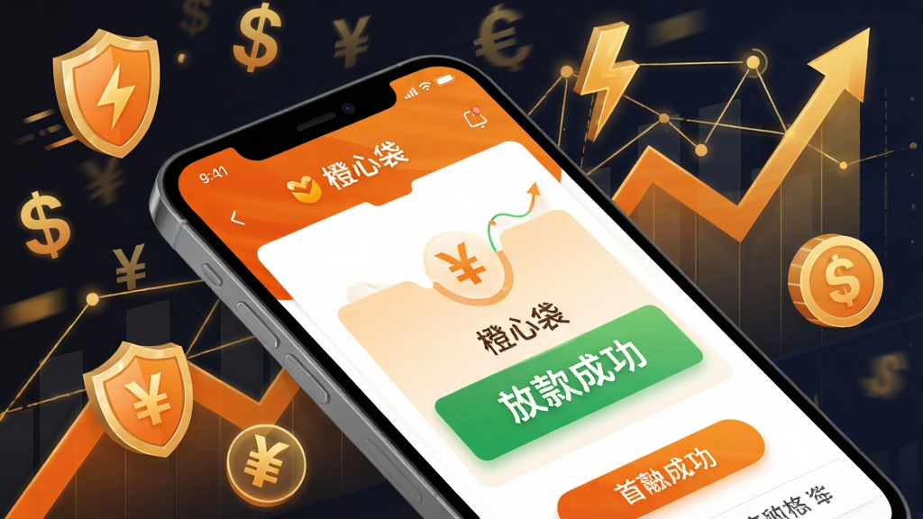 这幅图片的主体是一张动态的金融数据图表,背景是抽象的货币符号和网络连接线,前景展示一个手机屏幕,上面有“橙心袋”应用和“放款成功”的提示。布局采用对角线构图,动感十足。排版上,手机屏幕位于视觉焦点,文字清晰。风格为科技金融风插画,以橙色和金色为主色调。细节包括盾牌、闪电和货币符号的图标。画质要求高清、质感细腻,无多余元素。
