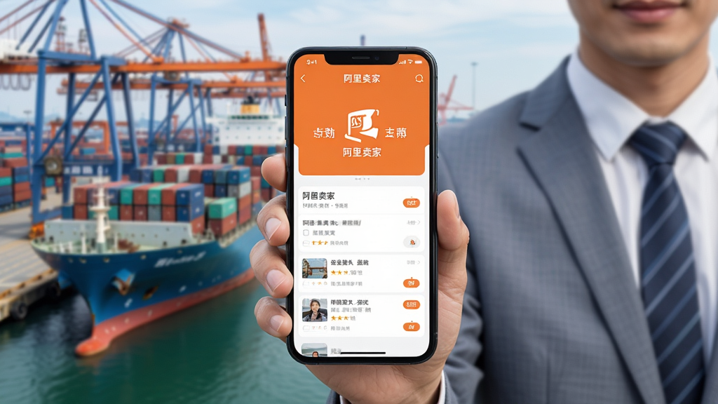 主视觉图:一位外贸业务员手持智能手机,屏幕显示“阿里卖家”APP界面,背景是繁忙的港口和货轮,风格写实,构图中心突出手机,干净无多余元素,画质高清