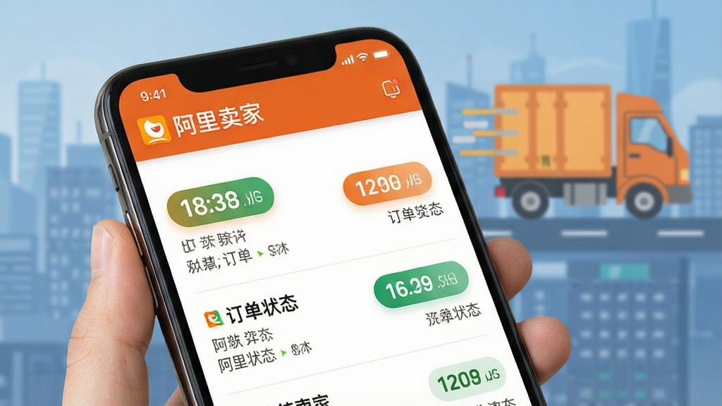 订单跟踪示意图:手机屏幕展示“阿里卖家”订单列表,订单状态标签醒目,背景是物流货车图标,写实风格,画质干净,无多余元素
