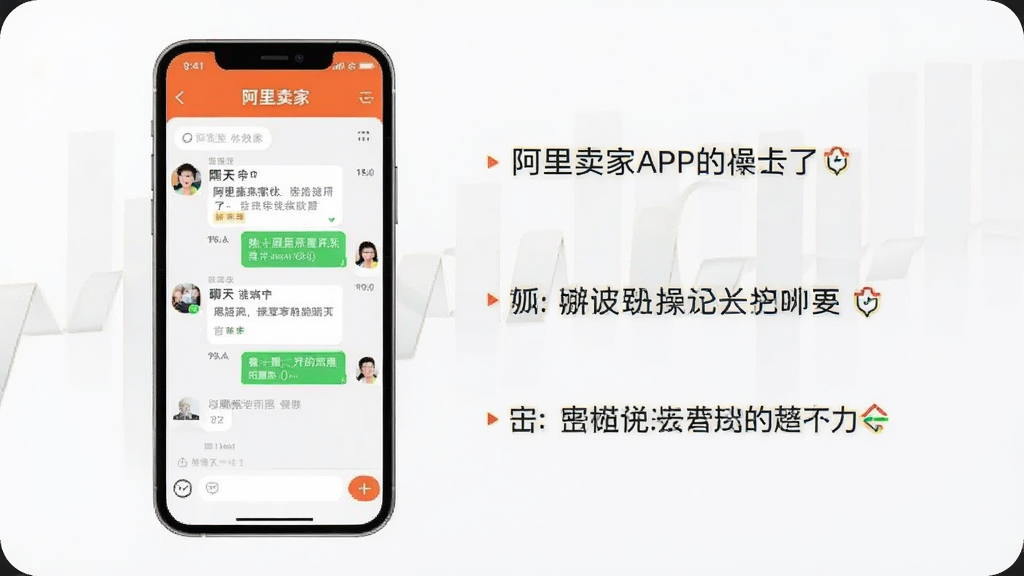 使用教程插图:一部手机展示阿里卖家APP的聊天界面,旁边有操作步骤文字说明,风格简洁,布局清晰,画质干净