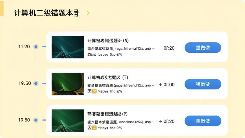 计算机二级错题本界面,以时间轴形式展示错题记录,每条记录包含题目缩略图、错误原因和重做按钮,背景为淡黄色,设计简约清新,画质干净,无多余元素