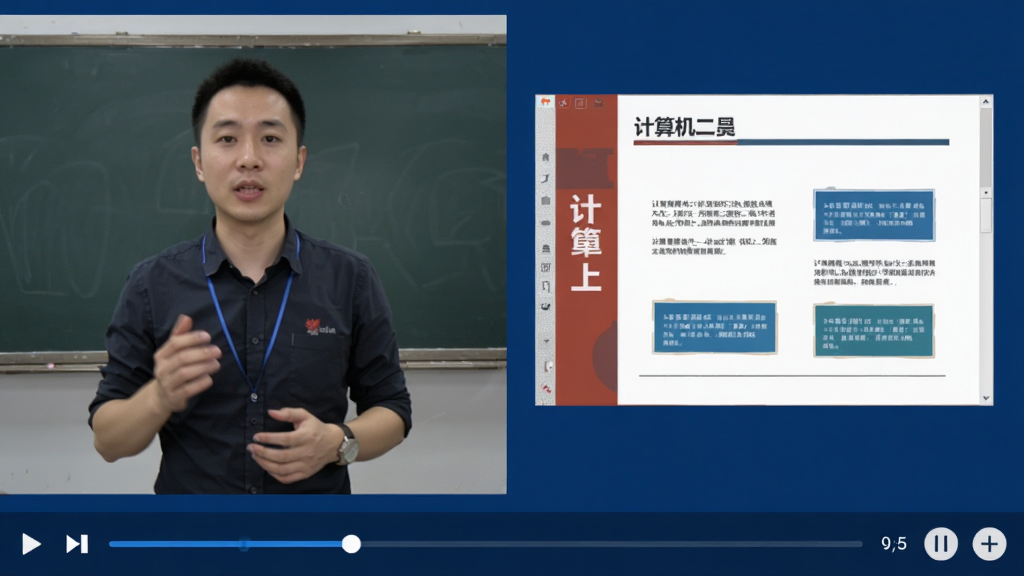 计算机二级视频课程播放页面,左侧为讲师讲解画面,右侧为PPT课件内容,底部有播放进度条和倍速控制按钮,背景深蓝色,画面清晰,无多余元素