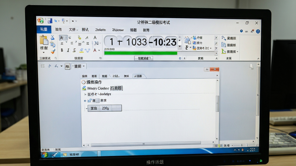 计算机二级模拟考试界面,电脑屏幕显示倒计时和答题进度条,下方为操作题答题区域,模拟Windows办公软件界面,整体色调为白色和灰色,真实还原考试场景,画质细腻,无多余元素