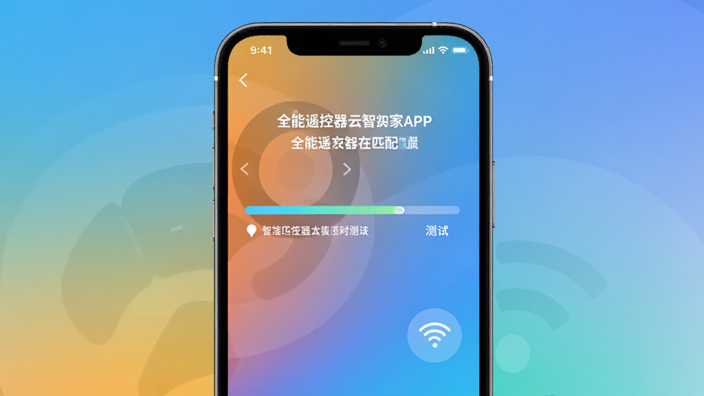 全能遥控器云智家APP配对流程界面,手机屏幕上显示正在匹配的进度条和提示文字,右侧有测试按钮,背景为渐变色,整体画面简洁,突出智能匹配过程,画质干净。