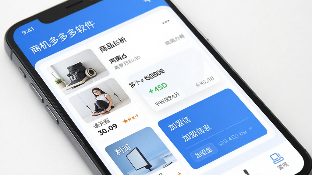 商机多多软件主界面展示,手机屏幕中呈现各类商业机会列表,包含商品图片、利润分析、加盟信息卡片,整体布局清爽,以蓝色和白色为主色调,扁平化设计风格,界面干净整洁,高画质,无多余元素