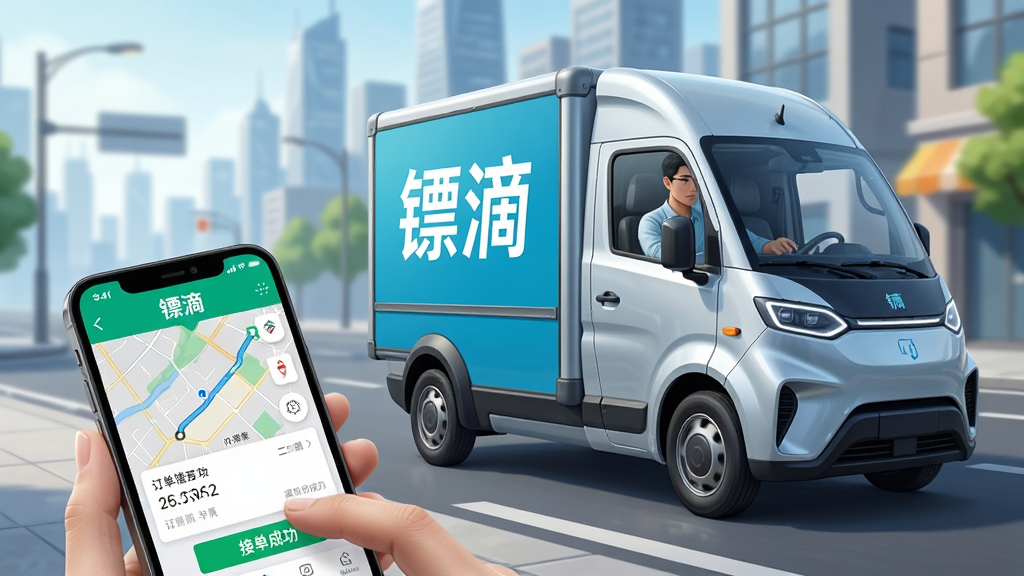 主体:一辆带有“镖滴”标识的现代配送车辆行驶在城市街道上,司机正在使用手机APP确认订单。布局:车辆位于画面中央偏右,手机屏幕特写置于左下角,清晰显示“镖滴”APP界面与订单信息。排版:画面层次分明,前景为手机操作,中景为配送车辆,背景为模糊的城市天际线。风格:写实商业插画风格,色彩明亮,突出科技感与效率感。细节:车辆侧面印有“镖滴”字样,手机屏幕显示地图路线与“接单成功”提示,街道环境干净整洁。画质:高清,渲染精细,干净,无多余元素。