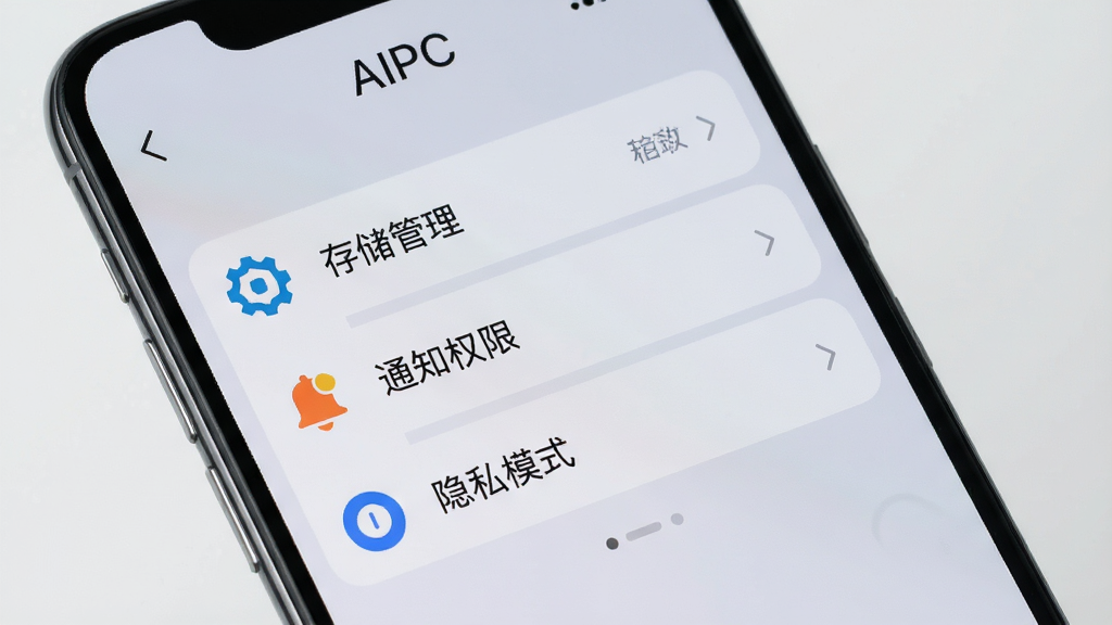 手机画面显示AIPC的设置界面,包含“存储管理”、“通知权限”、“隐私模式”等菜单项。布局为列表形式,背景为柔和的浅灰色渐变。排版风格简洁清晰,图标线条流畅。画质细腻,细节丰富,整体干净无多余元素,屏幕上方有“AIPC”字样。
