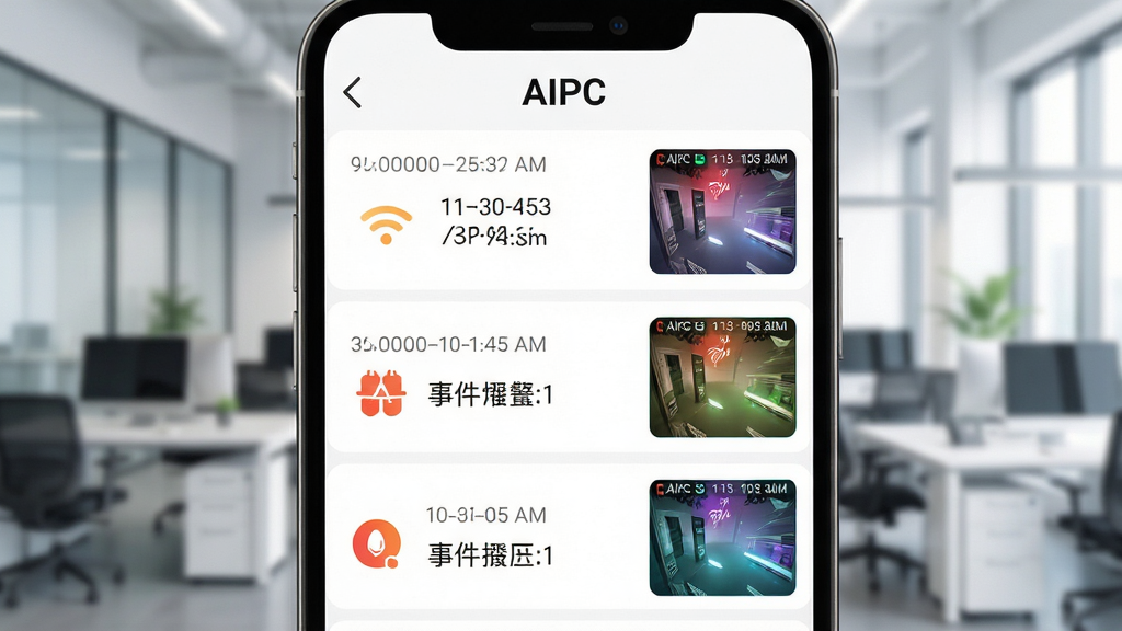 特写镜头展示AIPC手机APP的告警消息列表界面,每条消息附带事件发生时的彩色缩略图。布局为列表式排版,每行包含时间戳和事件类型图标。画面风格清晰明亮,背景为虚化的现代办公室场景。细节上突出APP推送通知的即时性与界面设计的精致感。画质高清,整体干净整洁,无多余元素,界面顶部有“AIPC”字样。