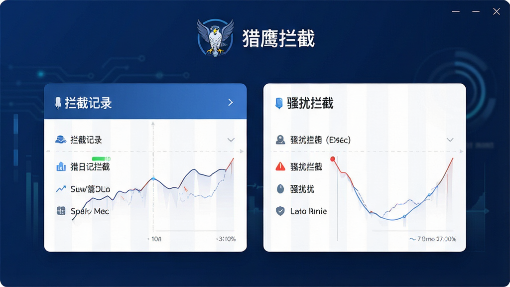 一张猎鹰拦截软件主界面截图,展示简洁的深蓝色调UI布局,中央显示“拦截记录”与“骚扰拦截”功能卡片,顶部有猎鹰图标与软件名称“猎鹰拦截”,整体风格科技感强,画面干净无多余元素,高清画质