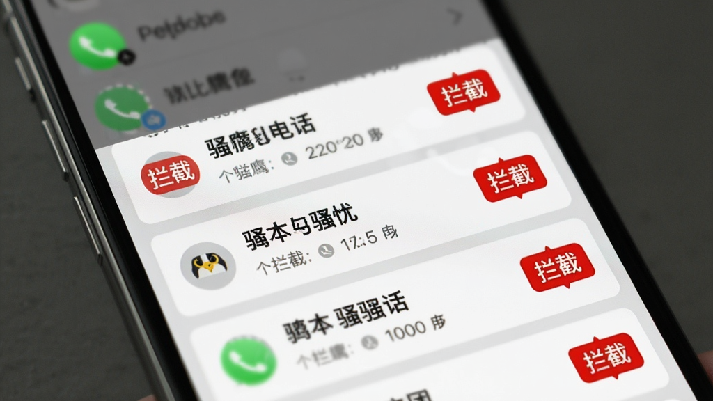 猎鹰拦截骚扰拦截功能界面,手机屏幕上显示多个骚扰电话被拦截的列表,每条记录旁有“拦截”红色标签,背景为模糊的通讯录,突出智能识别与拦截效果,布局简洁,画质清晰,无多余元素
