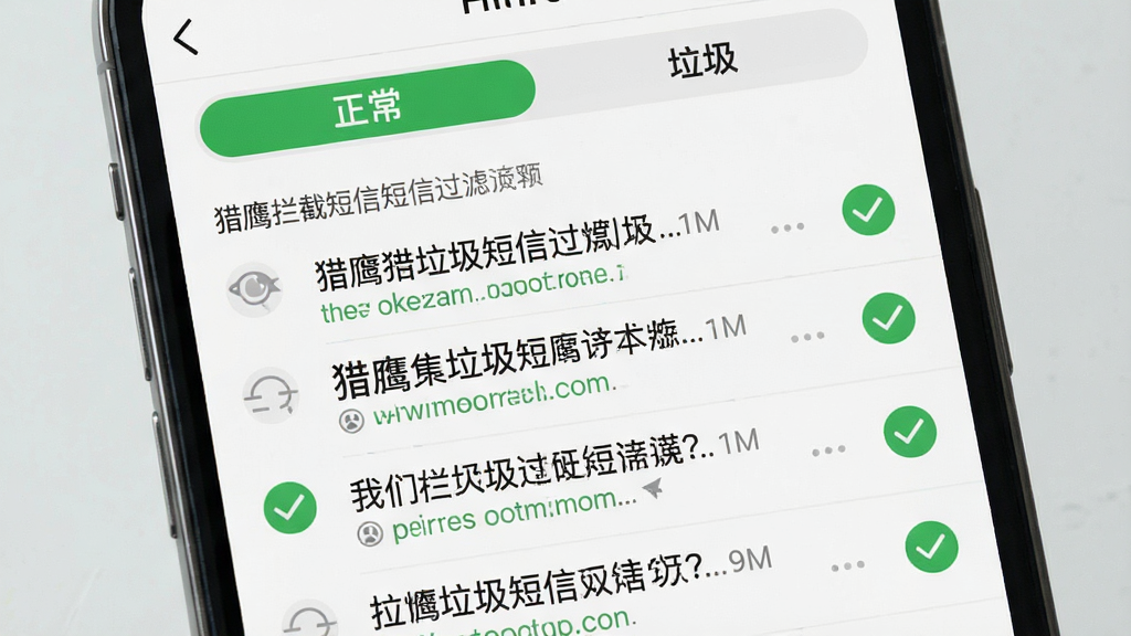 猎鹰拦截垃圾短信过滤功能预览,手机上短信列表被分为“正常”与“垃圾”两个选项卡,垃圾选项卡下显示多条被过滤的广告短信,界面浅色背景,绿色对勾图标表示已过滤,整体风格清爽,画质干净,无多余元素
