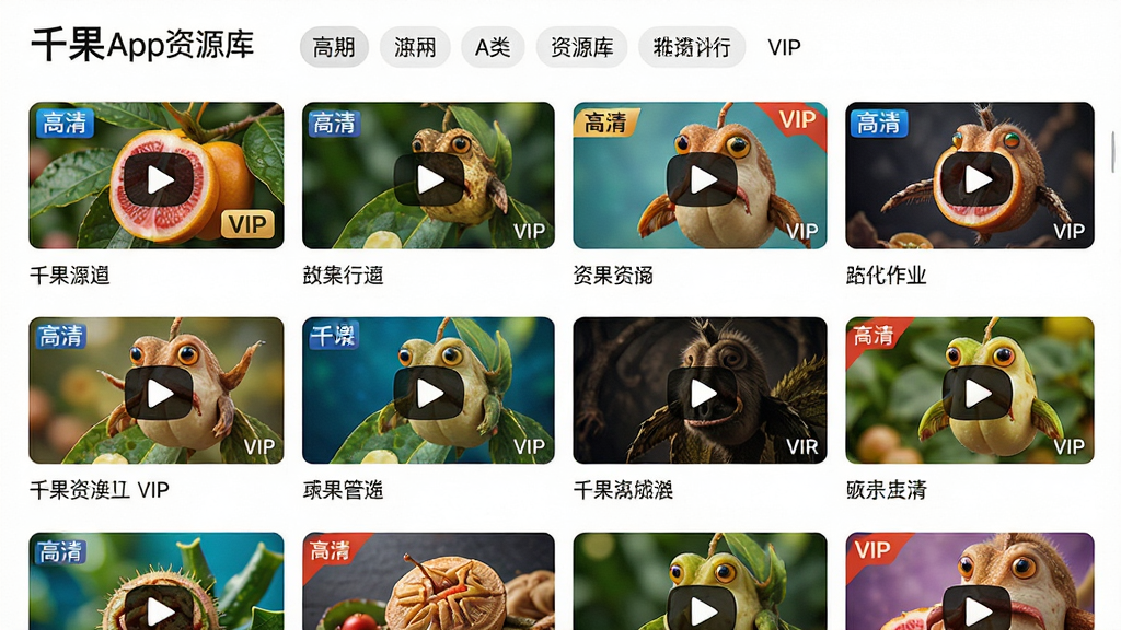 主体:千果App的资源库界面,以网格形式展示各类视频封面。布局:封面整齐排列,每张封面下方有清晰标题。排版:界面布局紧凑,分类标签位于顶部。风格:清晰明亮,色彩丰富。细节:封面图上带有“高清”、“VIP”等角标。画质:细腻,干净,无多余元素。