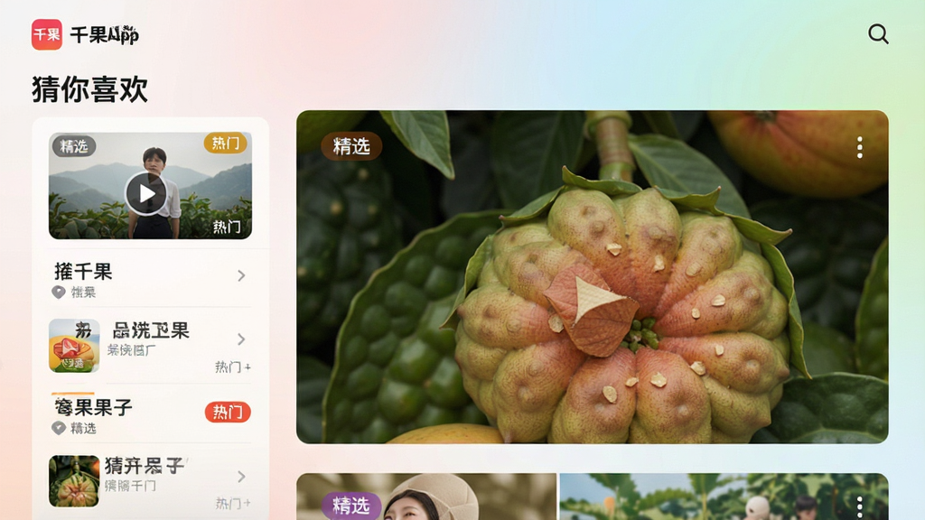 主体:千果App的“猜你喜欢”推荐页面。布局:左侧为竖向排列的视频标题列表,右侧为对应的大图预览。排版:信息流形式,图文结合。风格:简洁现代,柔和渐变背景。细节:每个推荐卡片都有标签如“精选”、“热门”。画质:高清,干净,无多余元素。