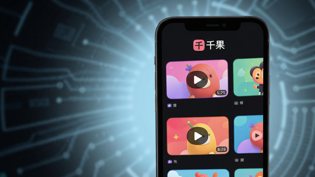 主体:手机屏幕展示千果App主界面,界面以深色为主色调,顶部有“千果”标志,下方排列着多个视频封面缩略图。布局:手机位于画面中央偏右,左侧留白配以淡蓝色光效。排版:界面元素排列整齐,图标圆润。风格:现代科技感,扁平化设计。细节:视频封面清晰,色彩鲜艳,播放按钮明显。画质:高清,干净,无多余元素。