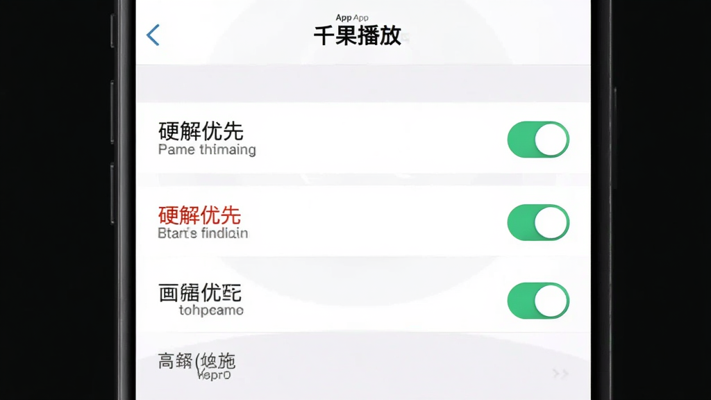 主体:千果App的播放设置界面,展示“硬解优先”等选项。布局:设置项以列表形式排列。排版:清晰,每个选项右侧有开关按钮。风格:简洁,浅色背景。细节:红色字体标注“硬解优先”选项。画质:干净,无多余元素。