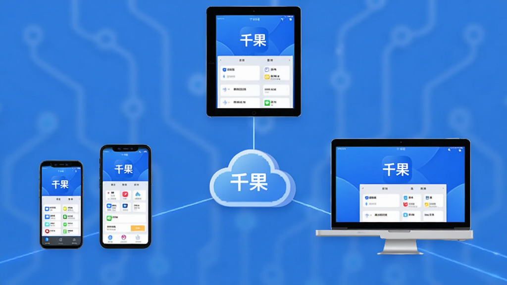 主体:千果App同步功能示意图,显示手机、平板、电脑三台设备围绕云端同步。布局:三台设备呈三角排列,中间有云朵图标连接。排版:简洁清晰,设备图标明显。风格:科技感,蓝色调。细节:设备屏幕上均显示“千果”界面。画质:干净,无多余元素。