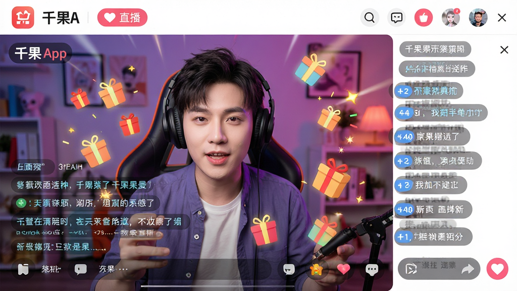 主体:千果App的直播频道页面,画面中一位主播正在直播游戏。布局:直播画面占据主要区域,右侧为聊天弹幕列表。排版:弹幕与礼物特效叠加,互动元素丰富。风格:动态活泼,高饱和度。细节:画面清晰,弹幕文字可读。画质:高清,干净,无多余元素。